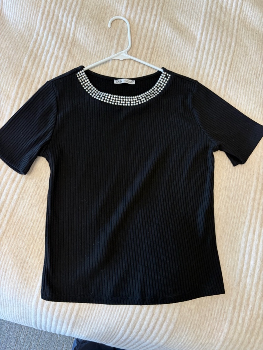 Zara Black Ribbed Short Sleeve Top with Embellished Neckline